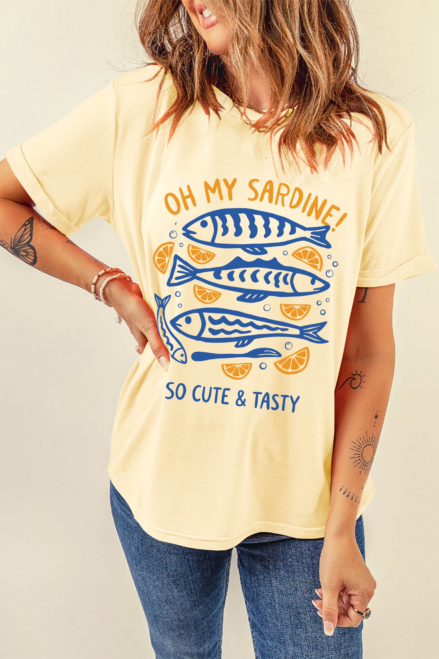 Yellow Cream OH MY SARDINE Lemon Fish Printed T Shirt