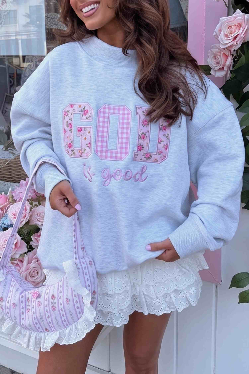Light Grey GOD IS GOOD Letter Print Crewneck Pullover Sweatshirt