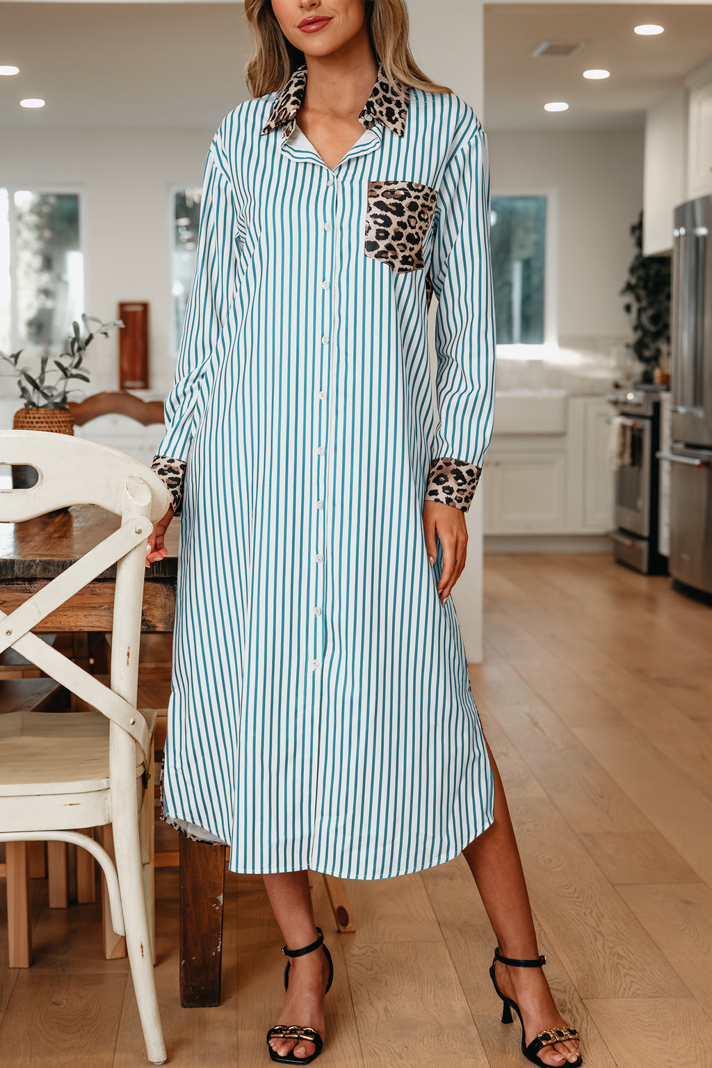 Brown Stripe Contrast Leopard Patchwork Shirt Dress