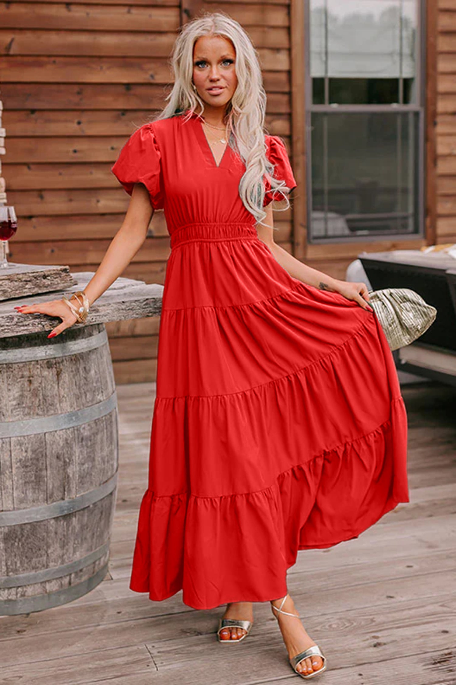 Bright Green Solid Color V Neck Short Puff Sleeve High Waist Tiered Maxi Dress