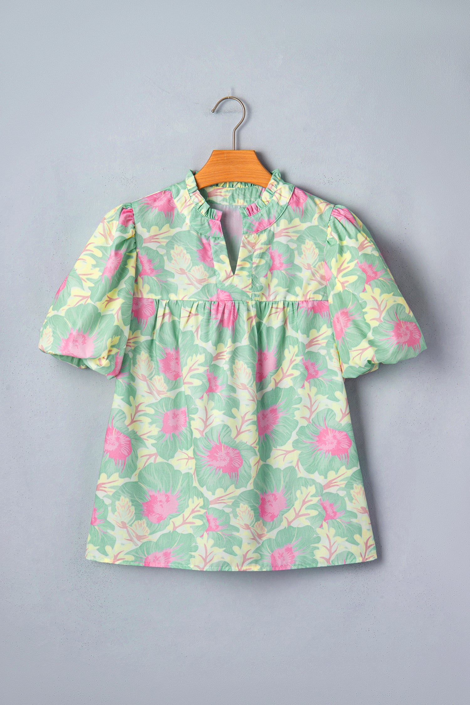 Pink Short Bubble Sleeve Summer Floral Blouse