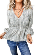 Blue Stripe V Neck Shirred Long Sleeve Blouse