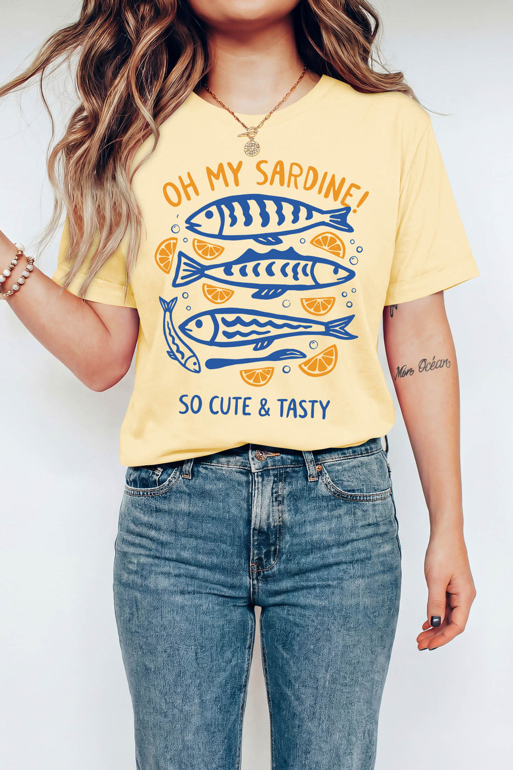 Yellow Cream OH MY SARDINE Lemon Fish Printed T Shirt