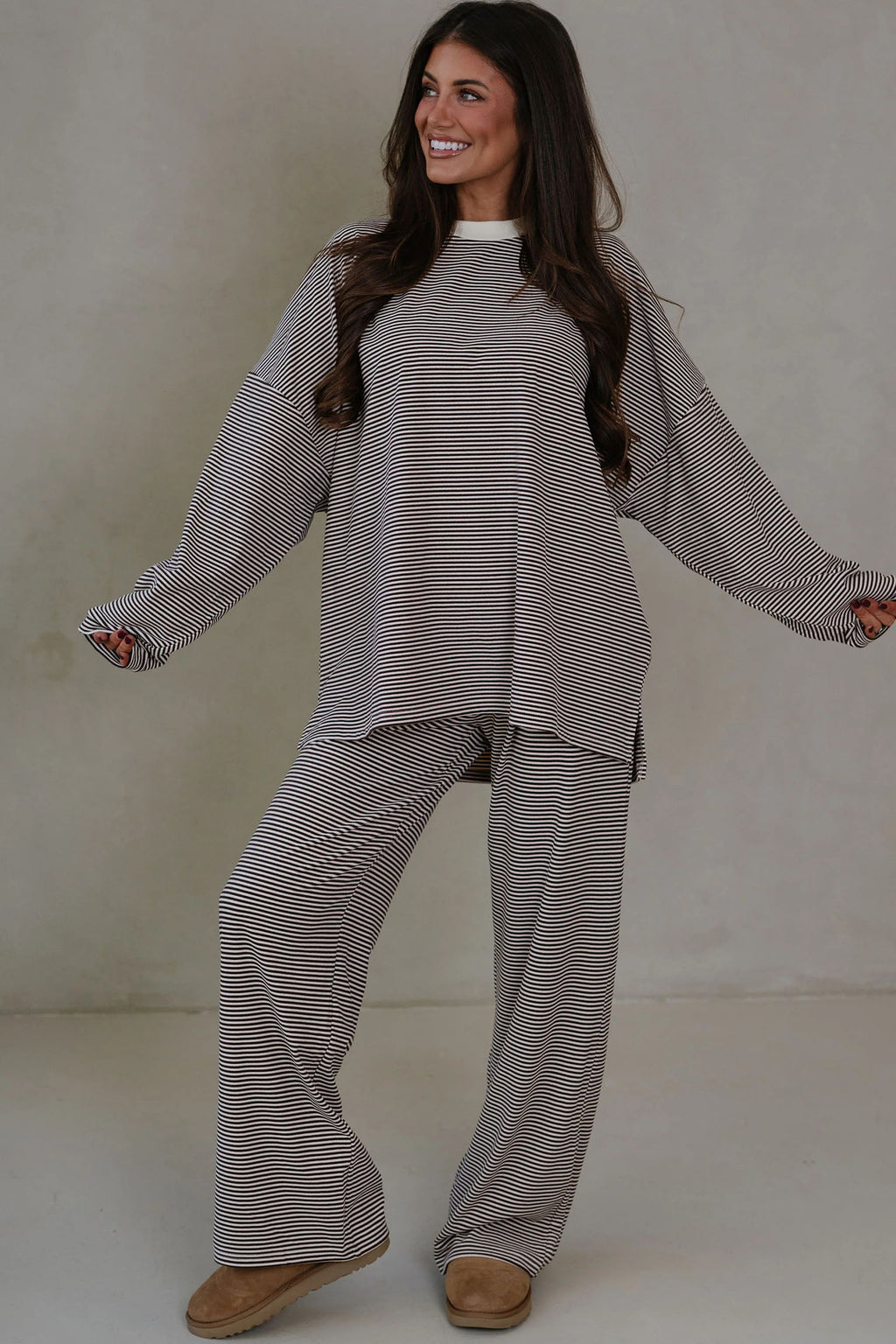 Pink Striped Drop Shoulder Long Sleeve Pant Set
