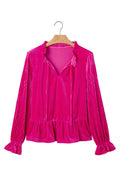Strawberry Pink V Neck Velvet Ruffled Cuffs Hem Long Sleeve Top