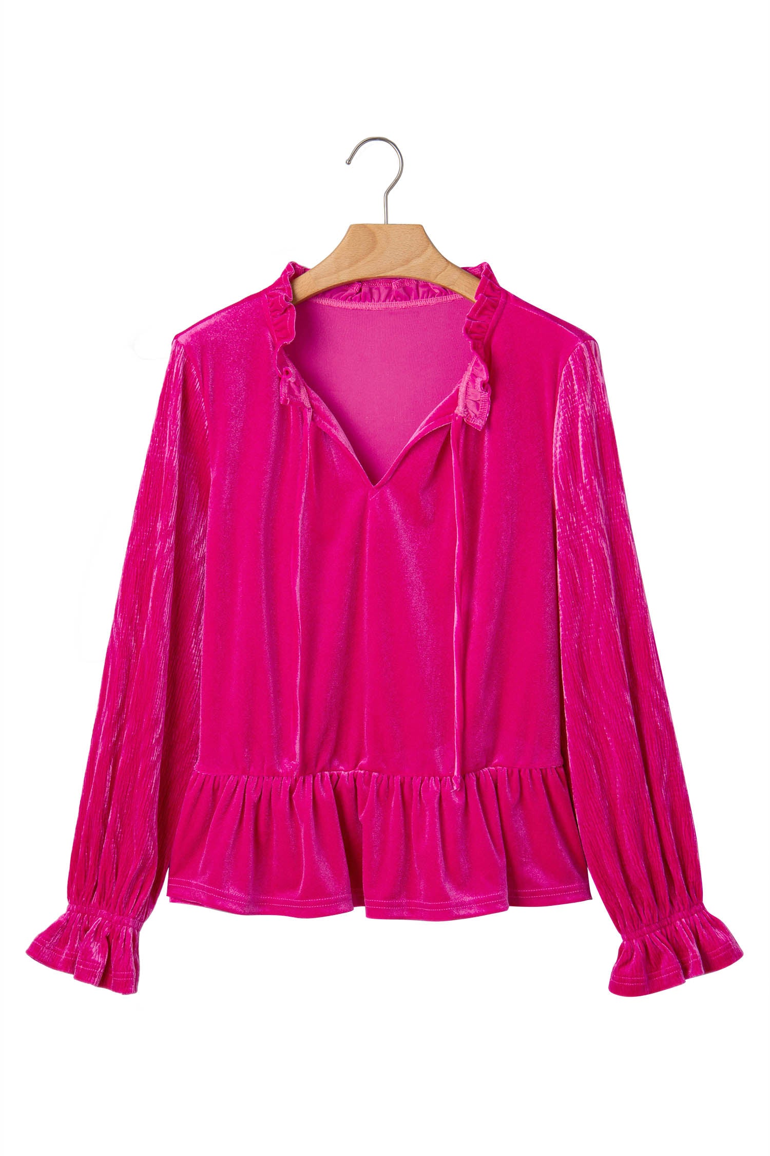Strawberry Pink V Neck Velvet Ruffled Cuffs Hem Long Sleeve Top