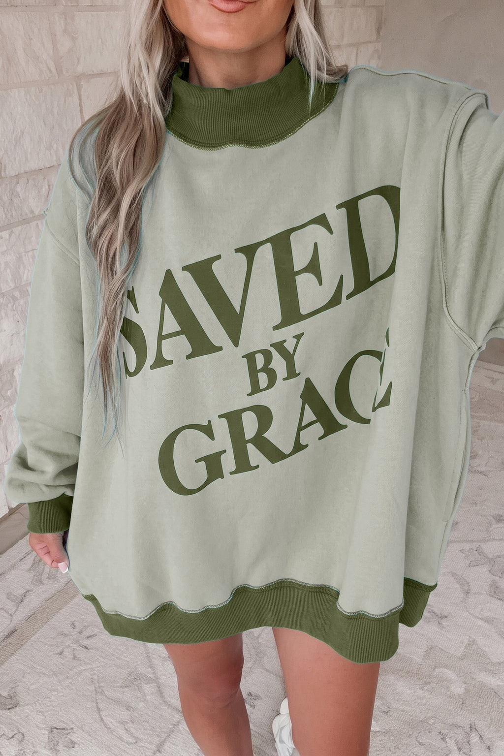 Beige Saved By Grace Print Color Block Mock Neck Oversized Sweatshirt