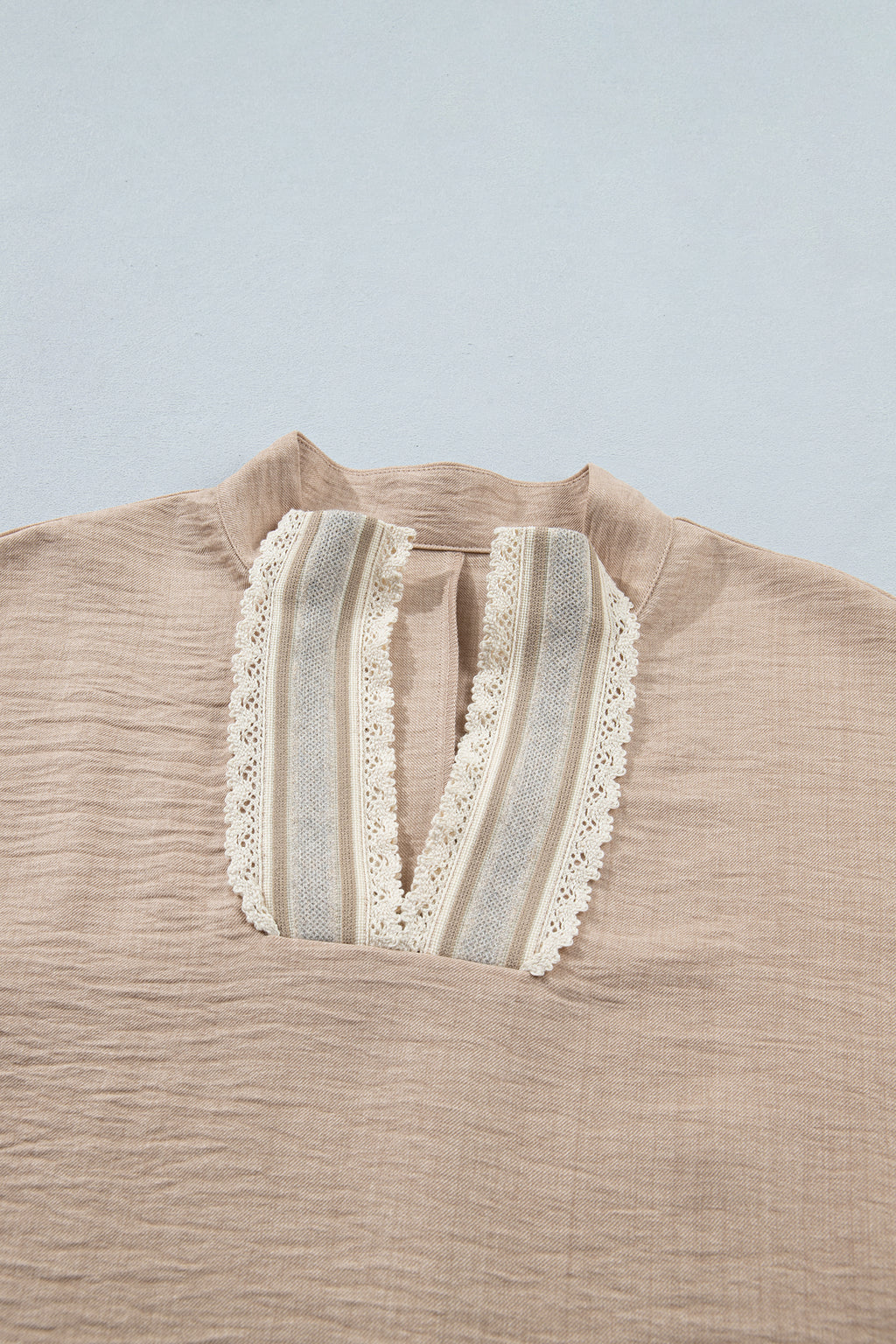 Beau Blue Crochet Lace Accent Pullover Rolled Short Sleeve Blouse