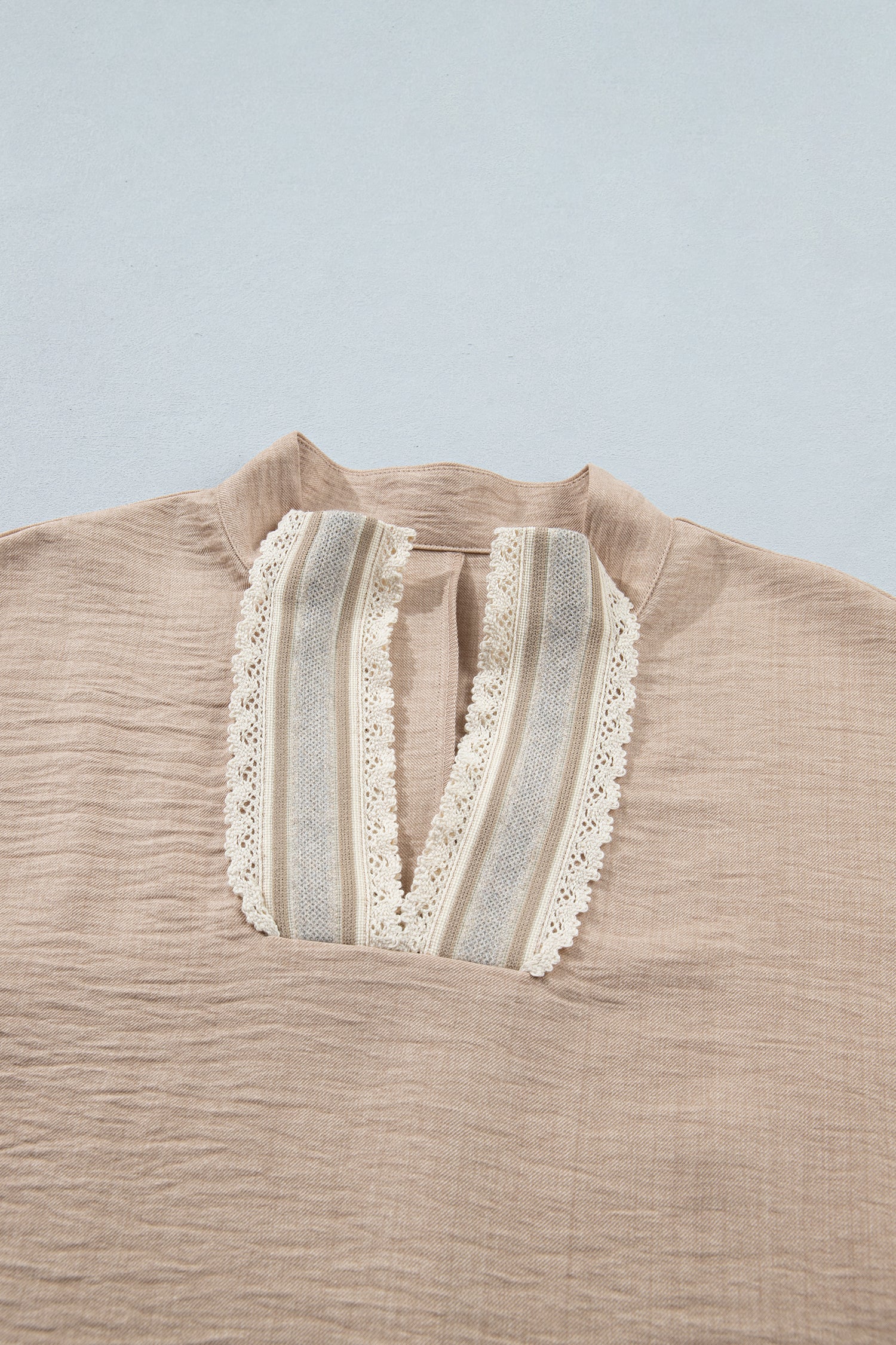 Beau Blue Crochet Lace Accent Pullover Rolled Short Sleeve Blouse