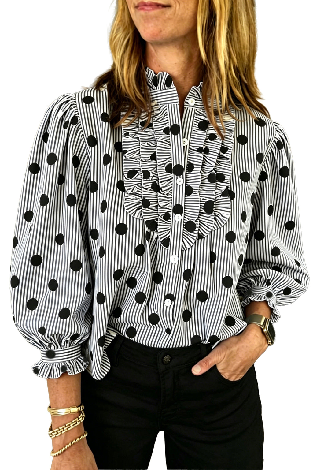 Black white Polka Dot Striped Print Ruffle Stand Neck 3/4 Sleeve Shift Shirt