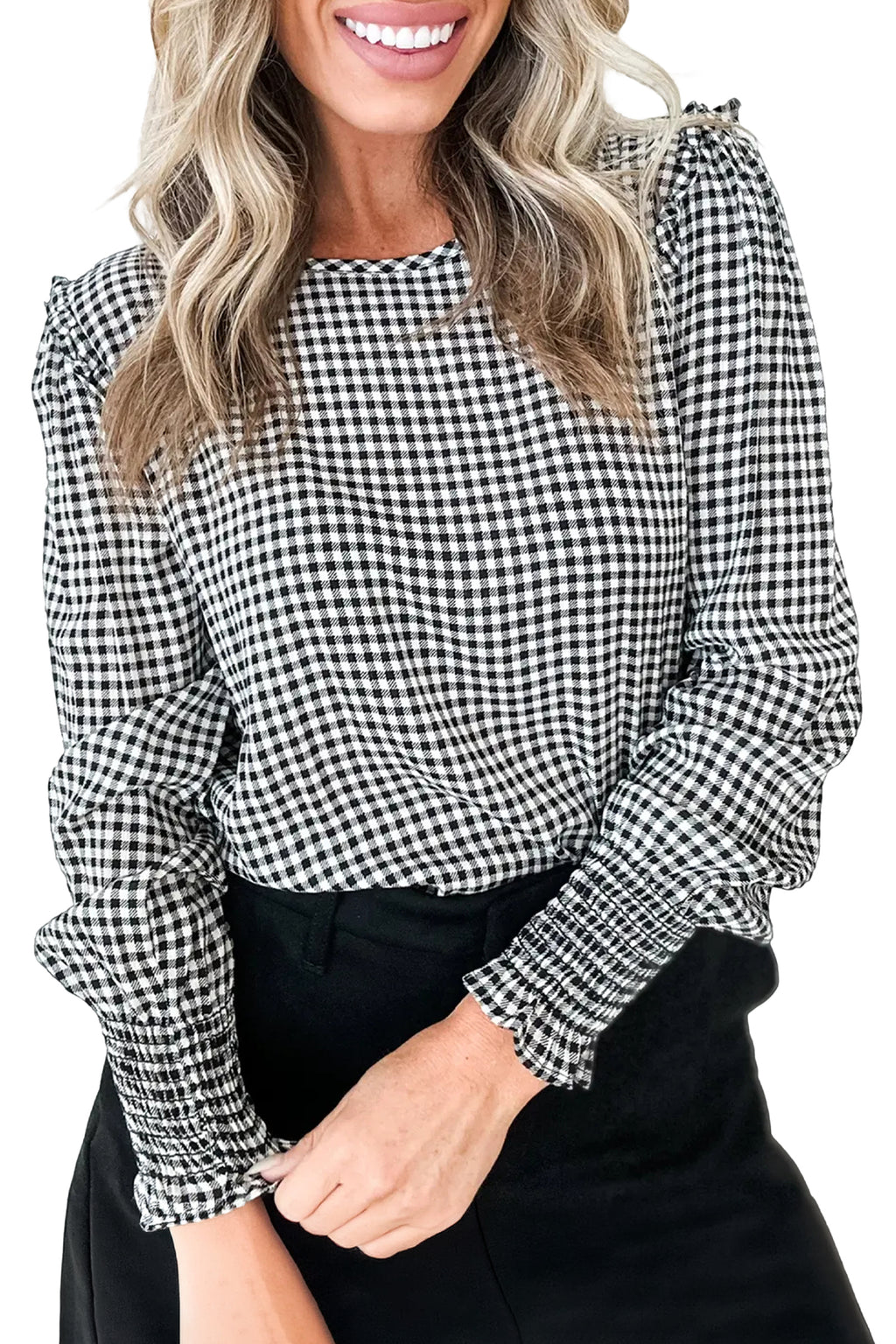 Black Plaid Shirred Cuff Long Sleeve Round Neck Blouse