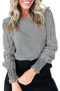 Black Plaid Shirred Cuff Long Sleeve Round Neck Blouse