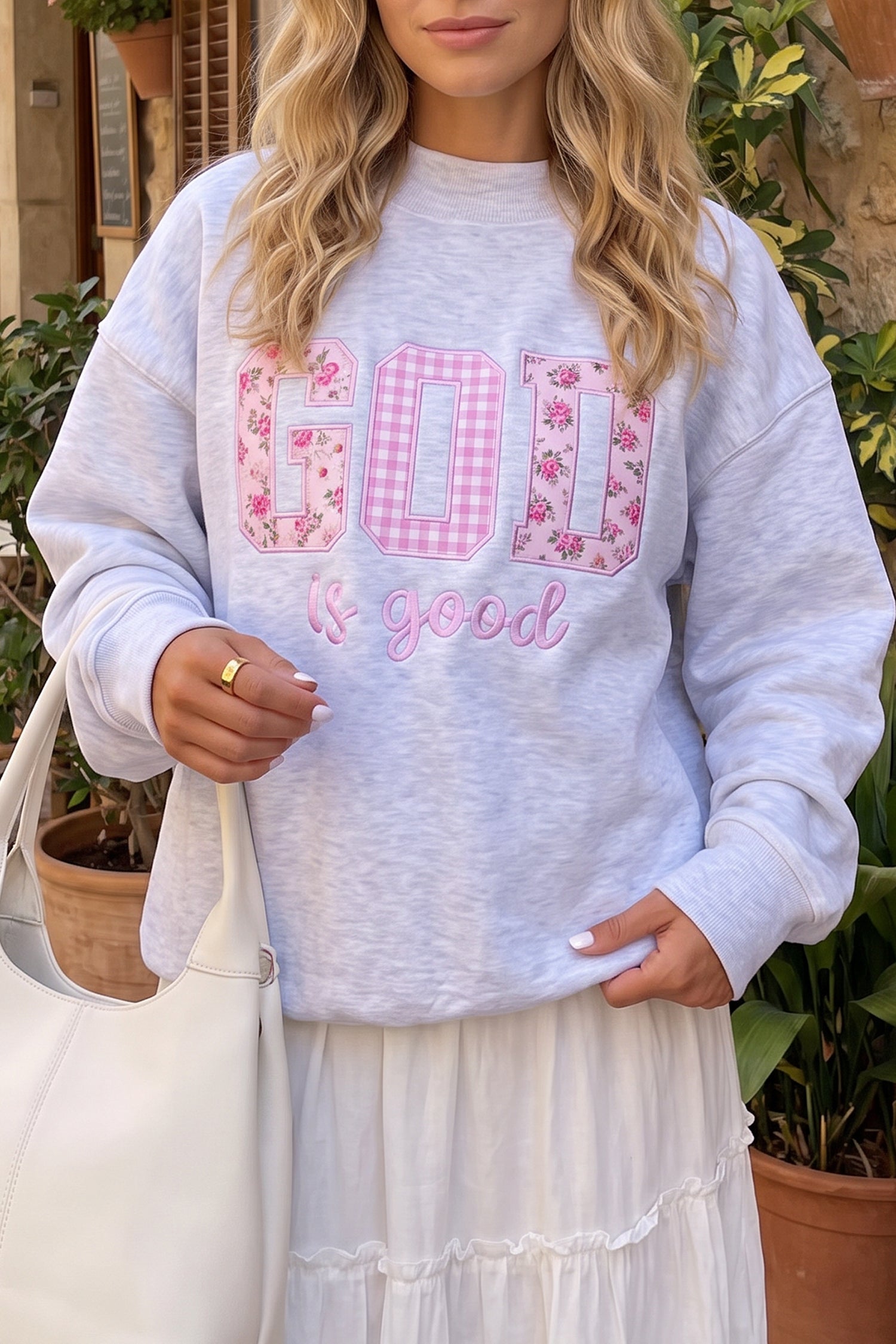 Light Grey GOD IS GOOD Letter Print Crewneck Pullover Sweatshirt