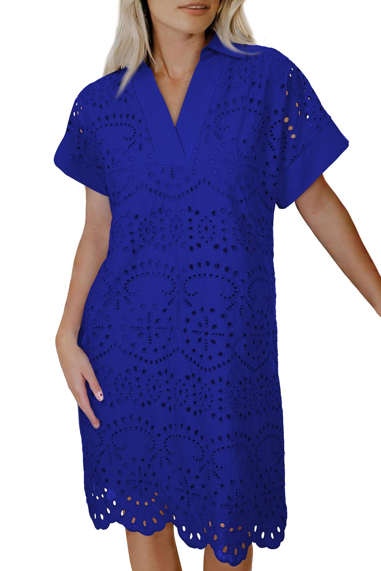 Green Solid Color Eyelet Embroidered T Shirt Mini Dress