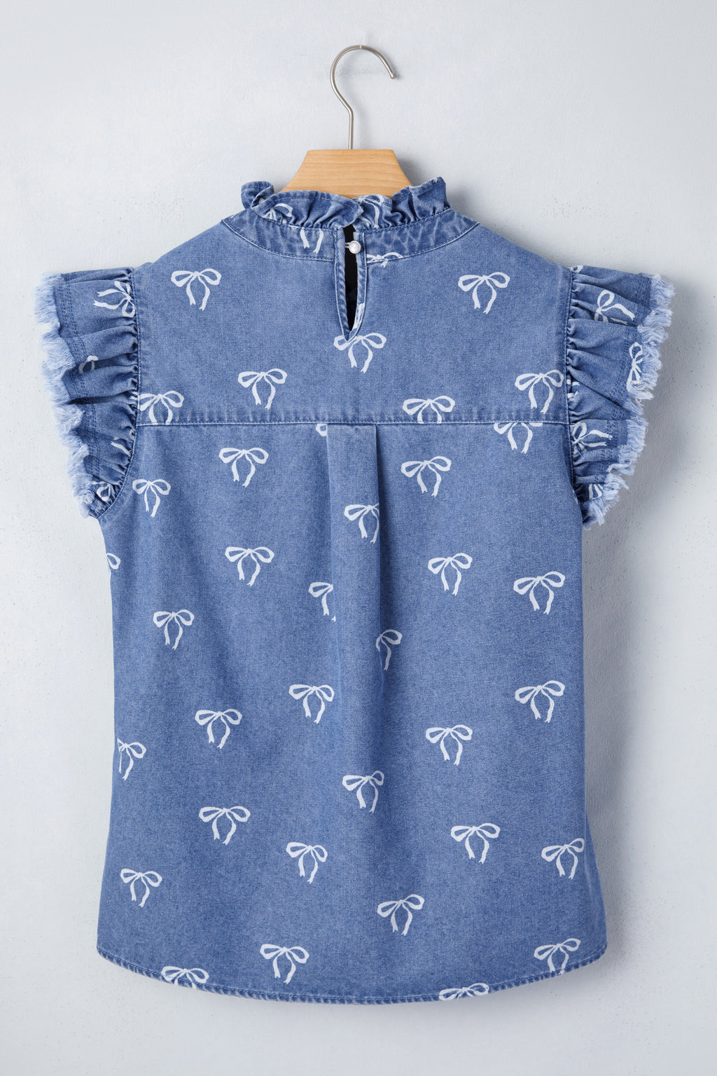 White Frilled Collar Flutter Sleeve Denim Top