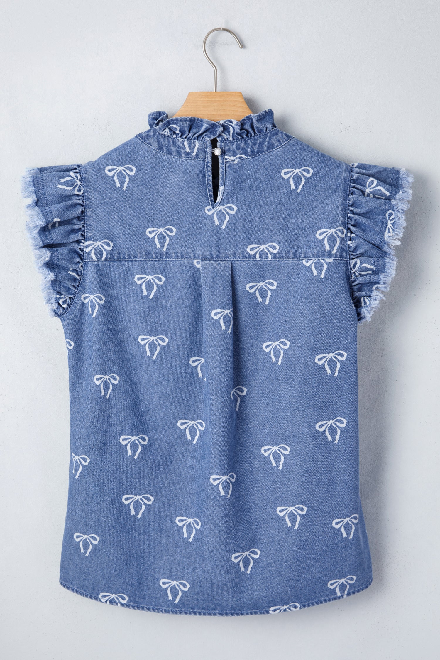 White Frilled Collar Flutter Sleeve Denim Top