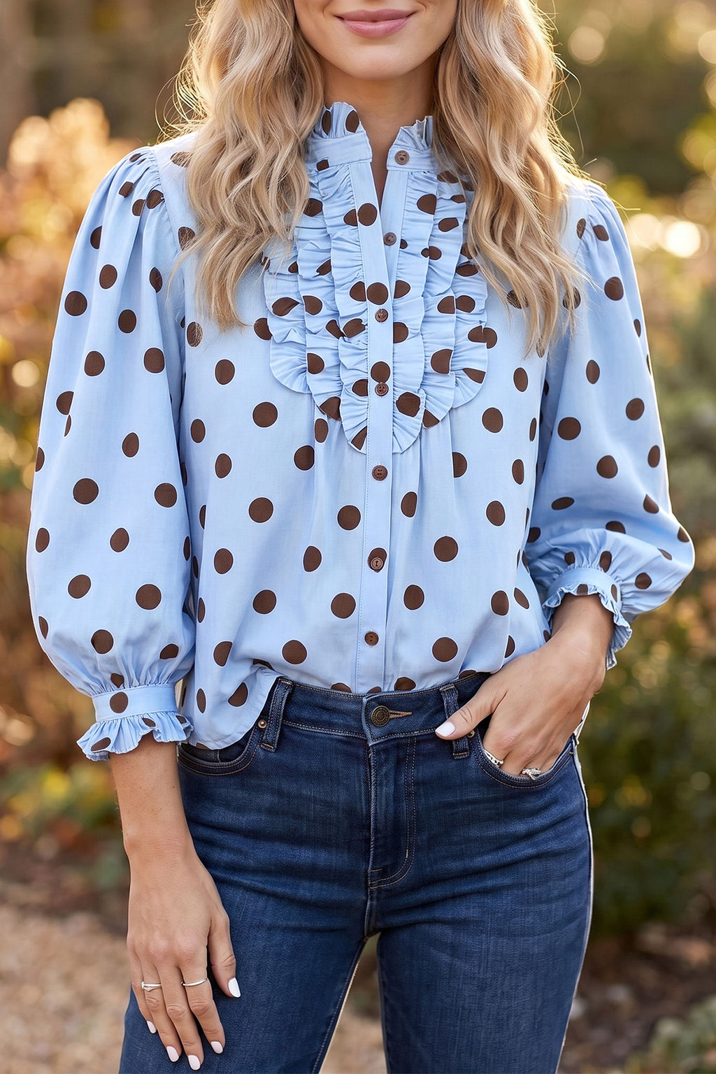 Black white Polka Dot Striped Print Ruffle Stand Neck 3/4 Sleeve Shift Shirt