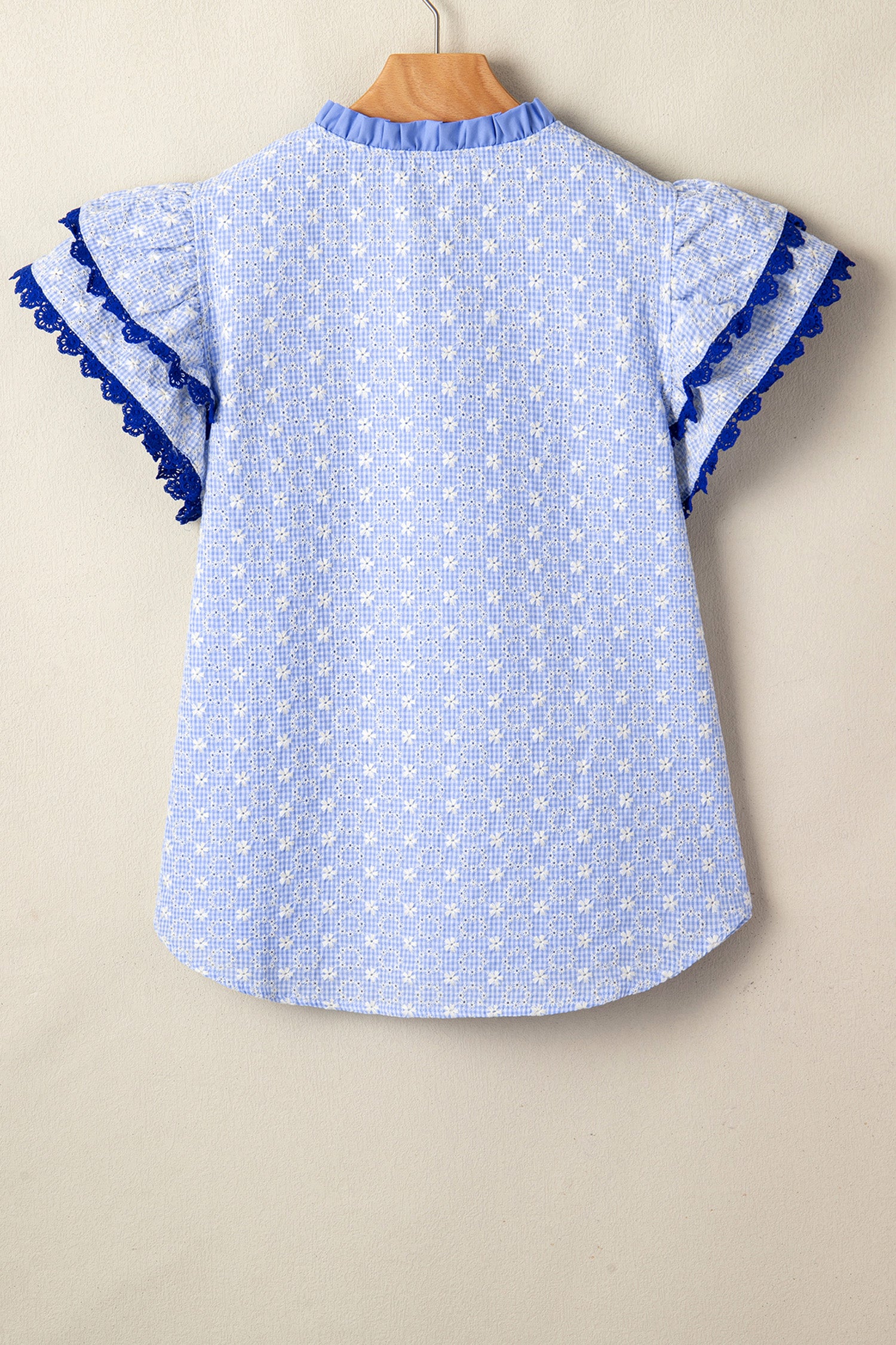 Pink Eyelet Embroidered Flower Texture Contrast Lace Trim Flutter Sleeve Blouse