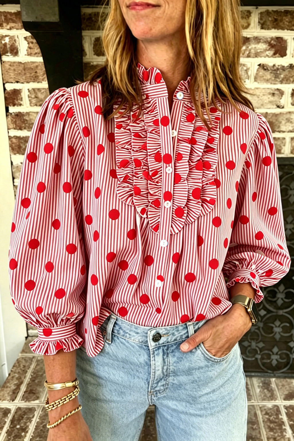 Black white Polka Dot Striped Print Ruffle Stand Neck 3/4 Sleeve Shift Shirt