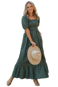 Green Plaid Square Neck Shirred High Waist Ruffle Hem Dress