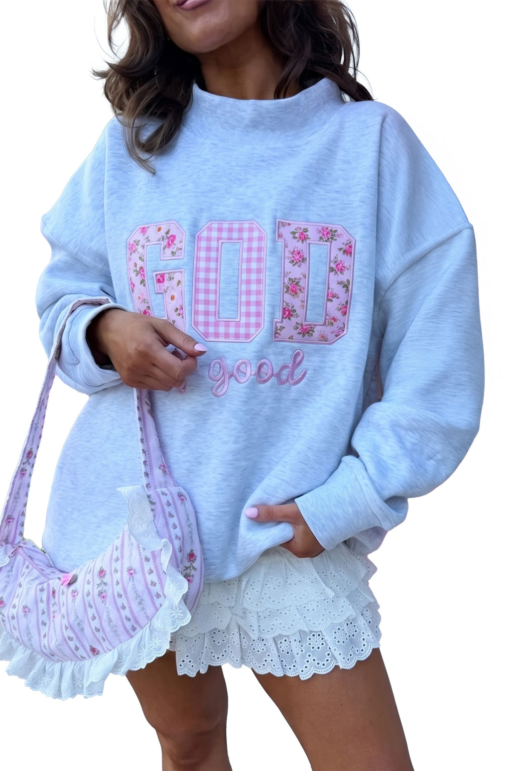 Light Grey GOD IS GOOD Letter Print Crewneck Pullover Sweatshirt