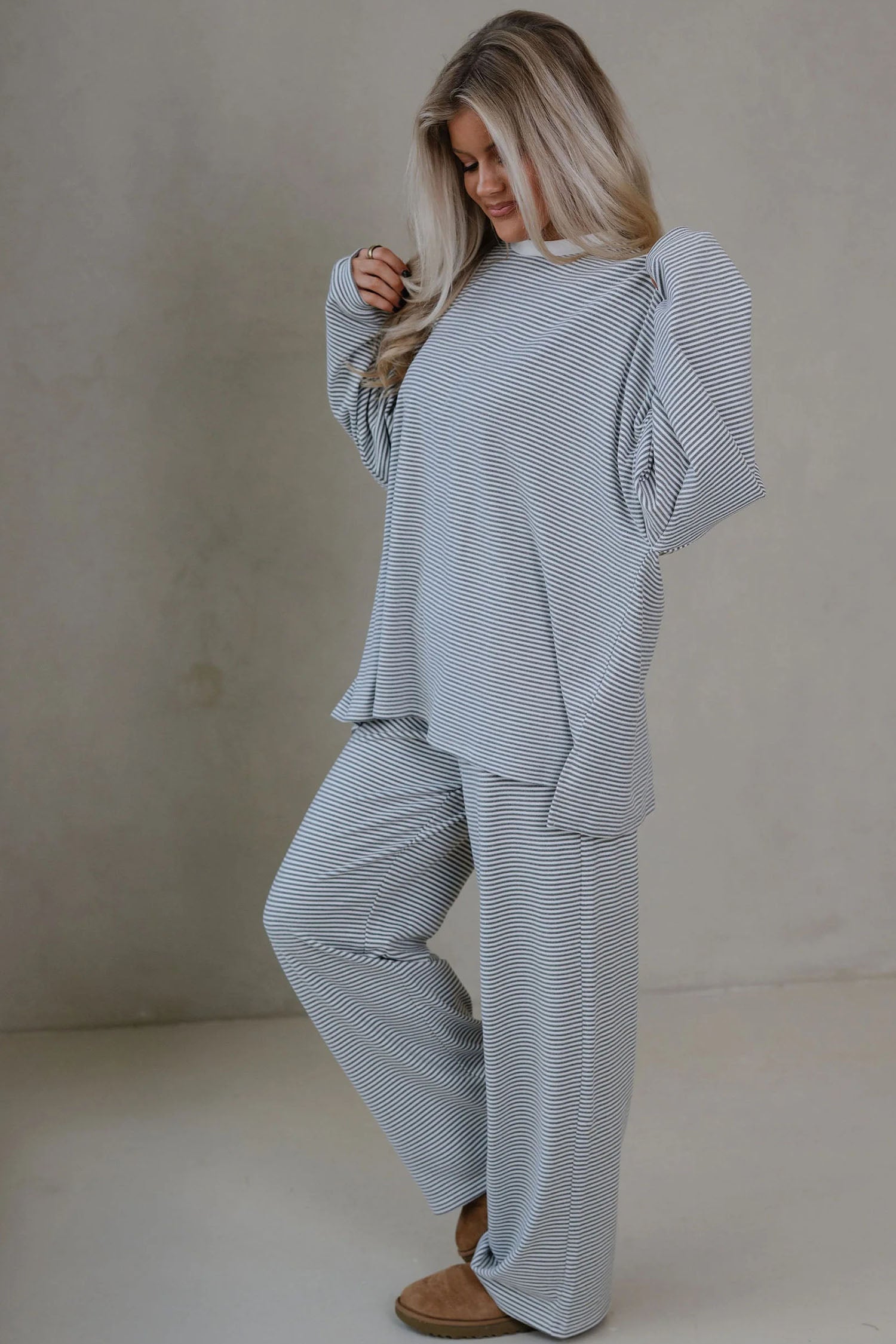 Pink Striped Drop Shoulder Long Sleeve Pant Set