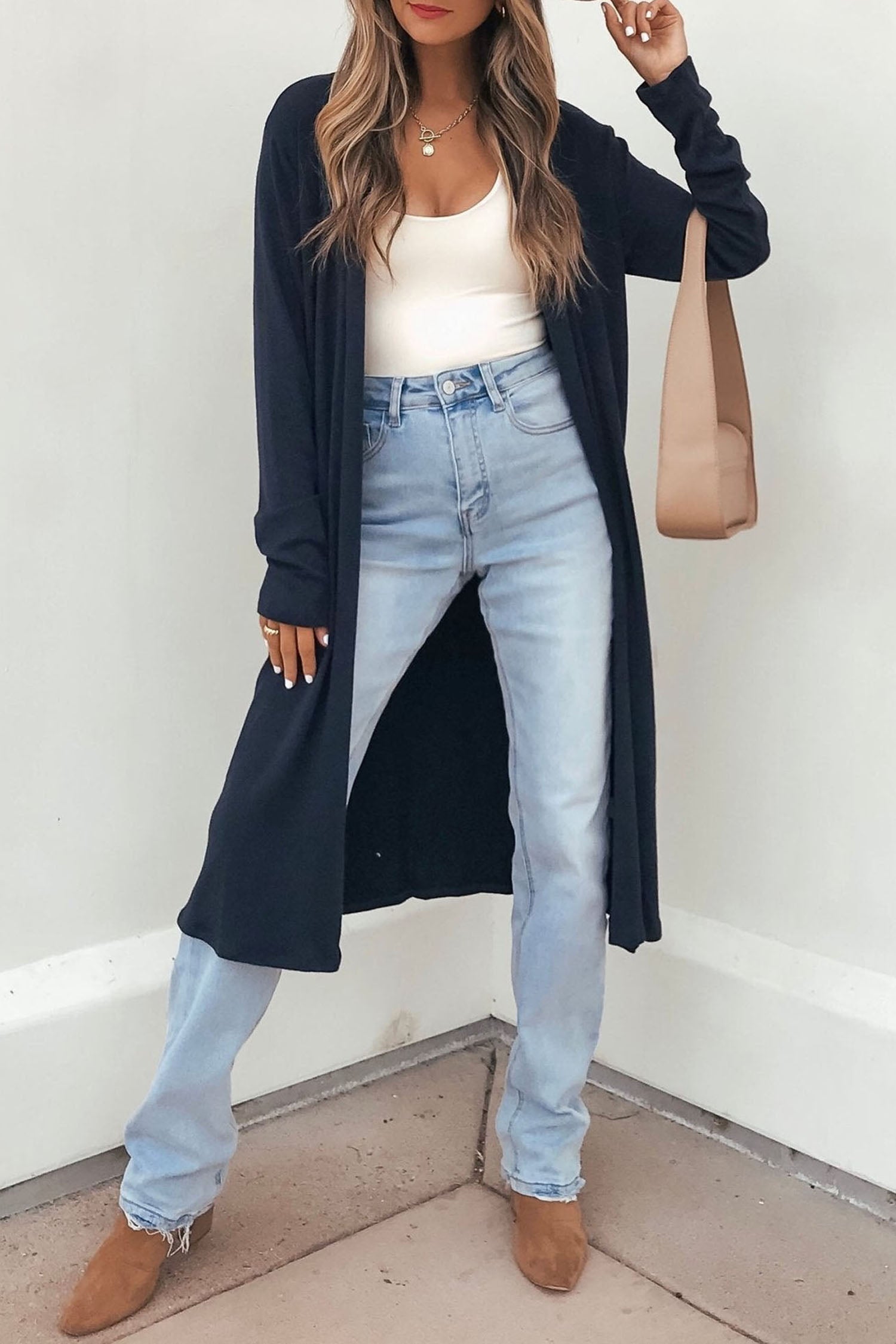 Dirty blue Solid Color Long Sleeve Casual Tunic Shift Cardigan