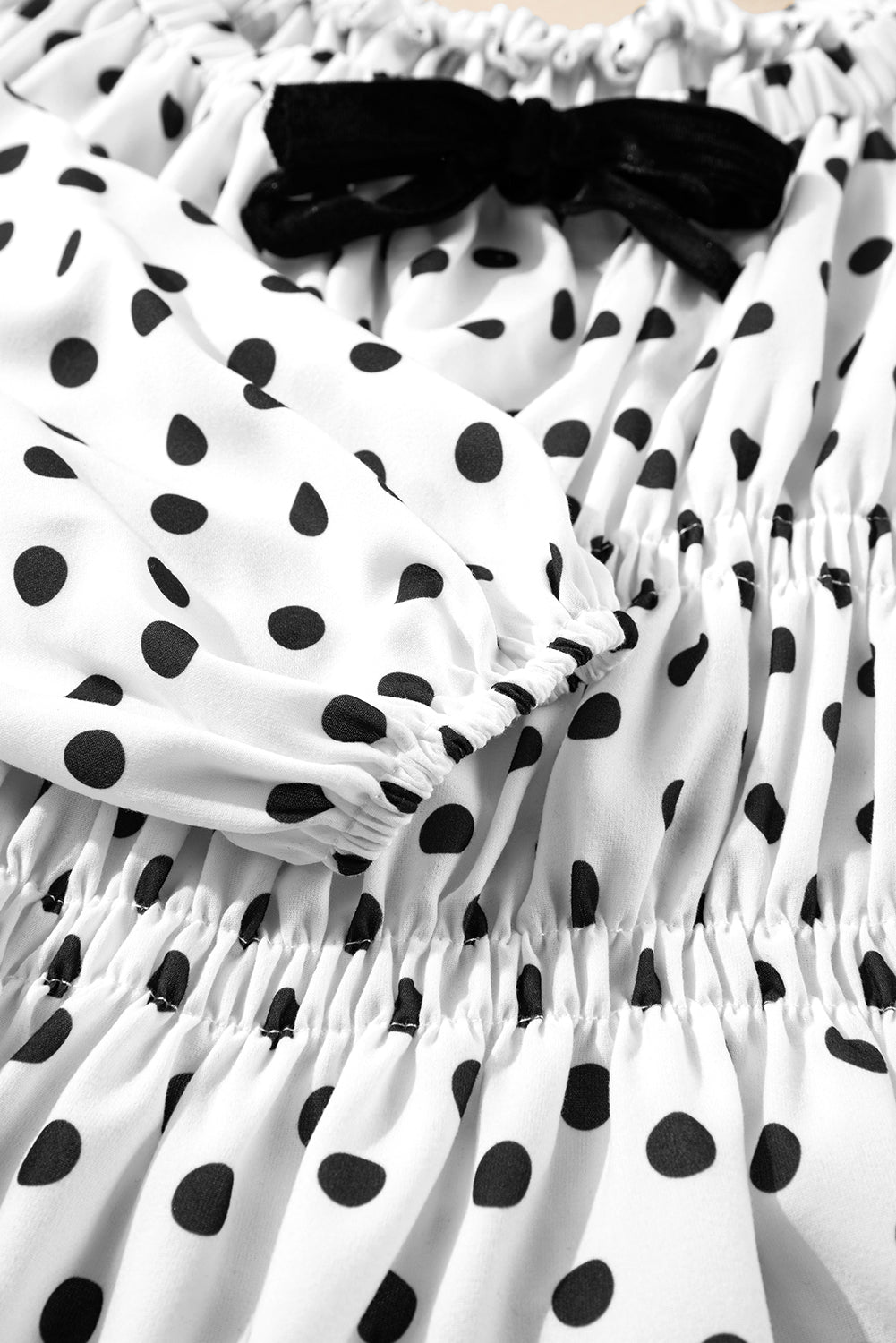 Black Polka Dot Bow Square Neck Ruched Peplum Blouse