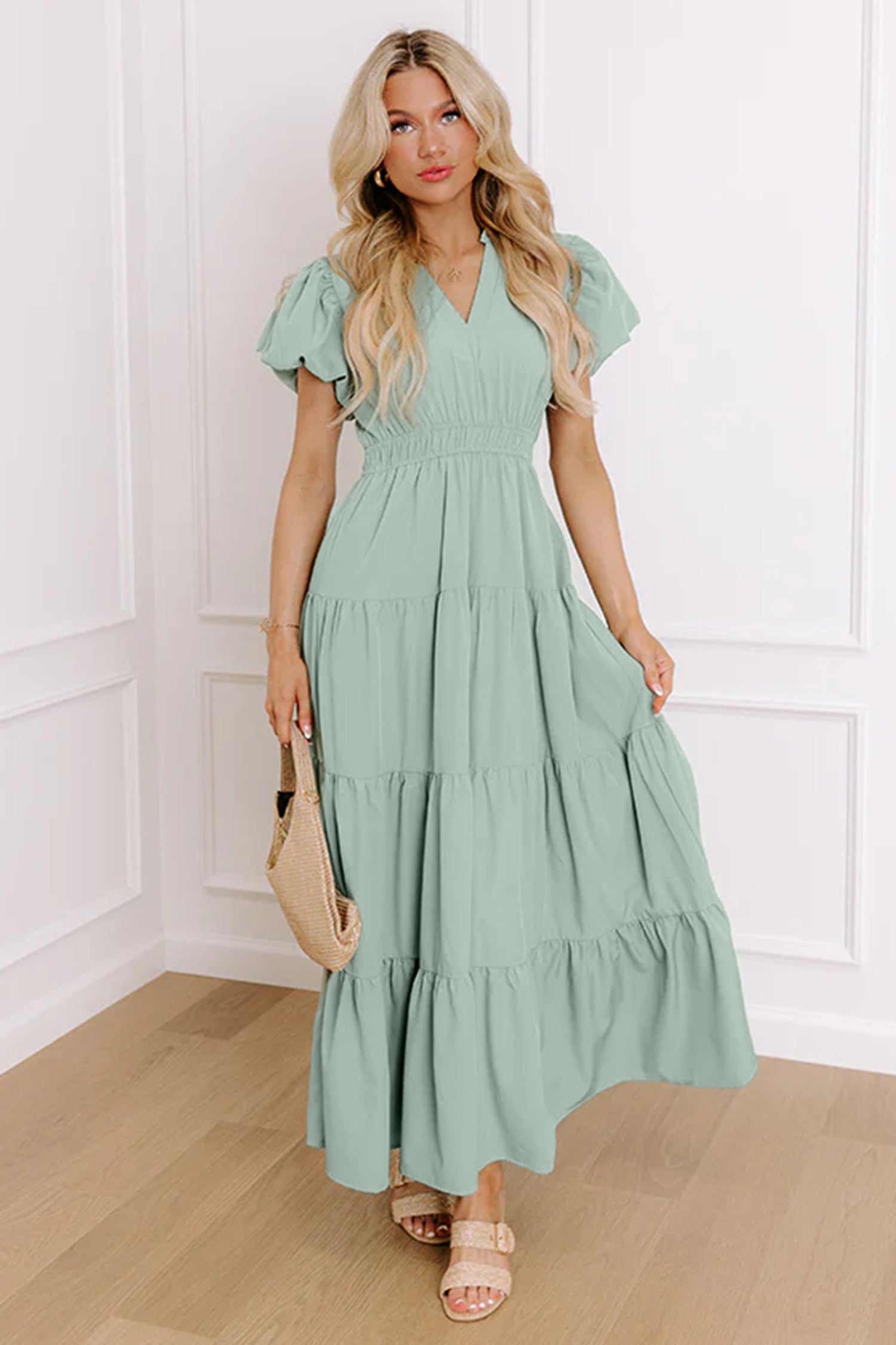 Bright Green Solid Color V Neck Short Puff Sleeve High Waist Tiered Maxi Dress