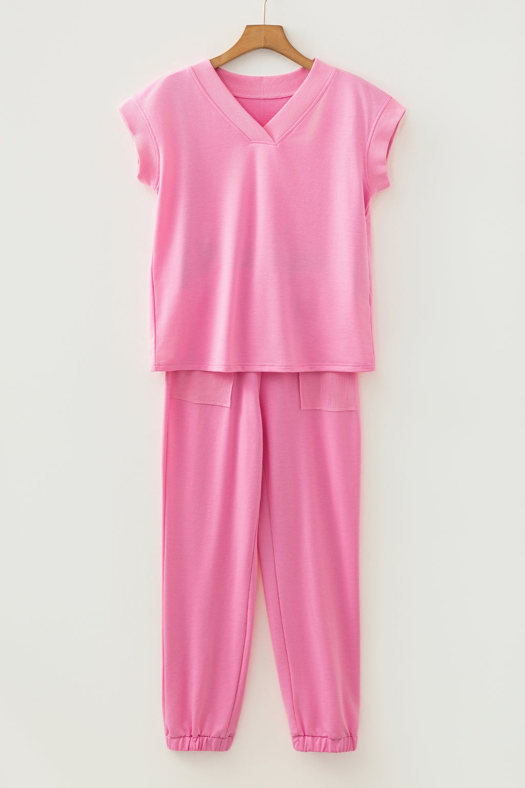 Mint Green Solid Color V Neck Tee Drawstring Pant Set