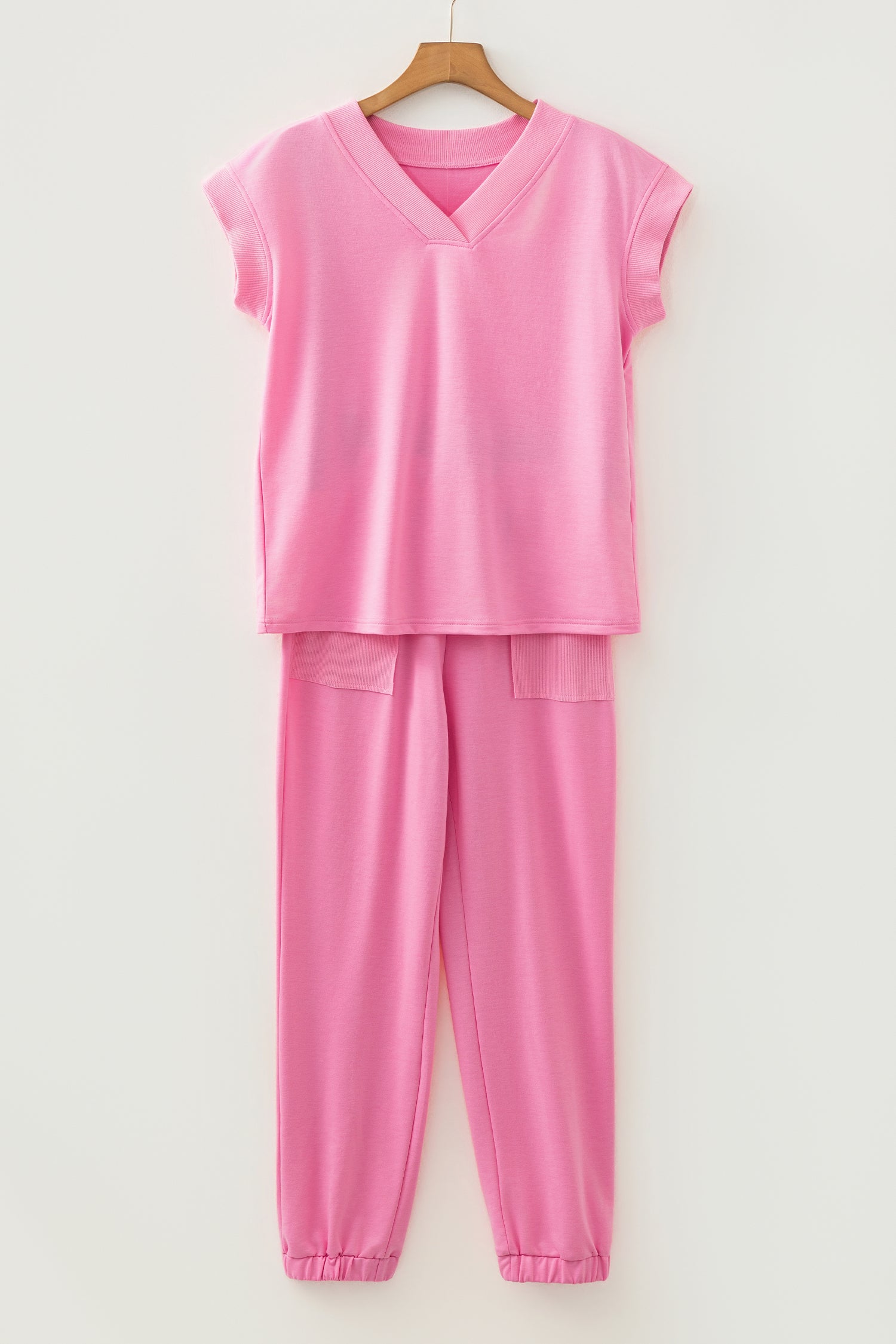 Mint Green Solid Color V Neck Tee Drawstring Pant Set