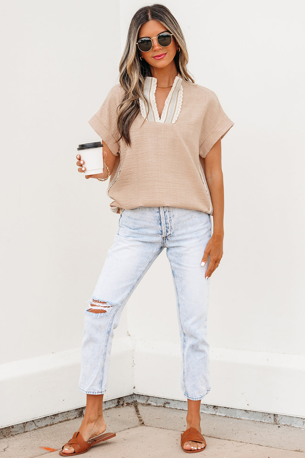 Beau Blue Crochet Lace Accent Pullover Rolled Short Sleeve Blouse