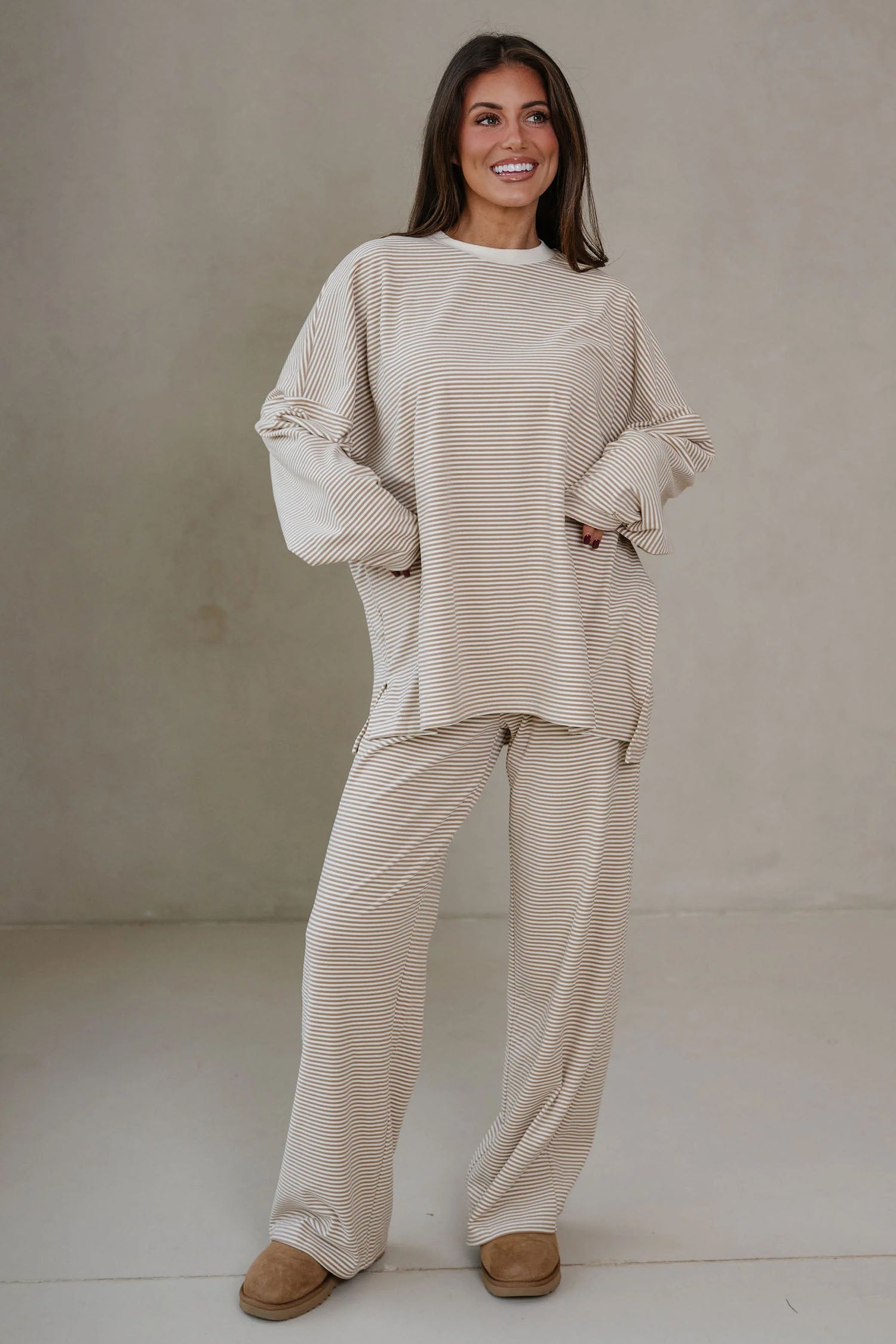 Pink Striped Drop Shoulder Long Sleeve Pant Set