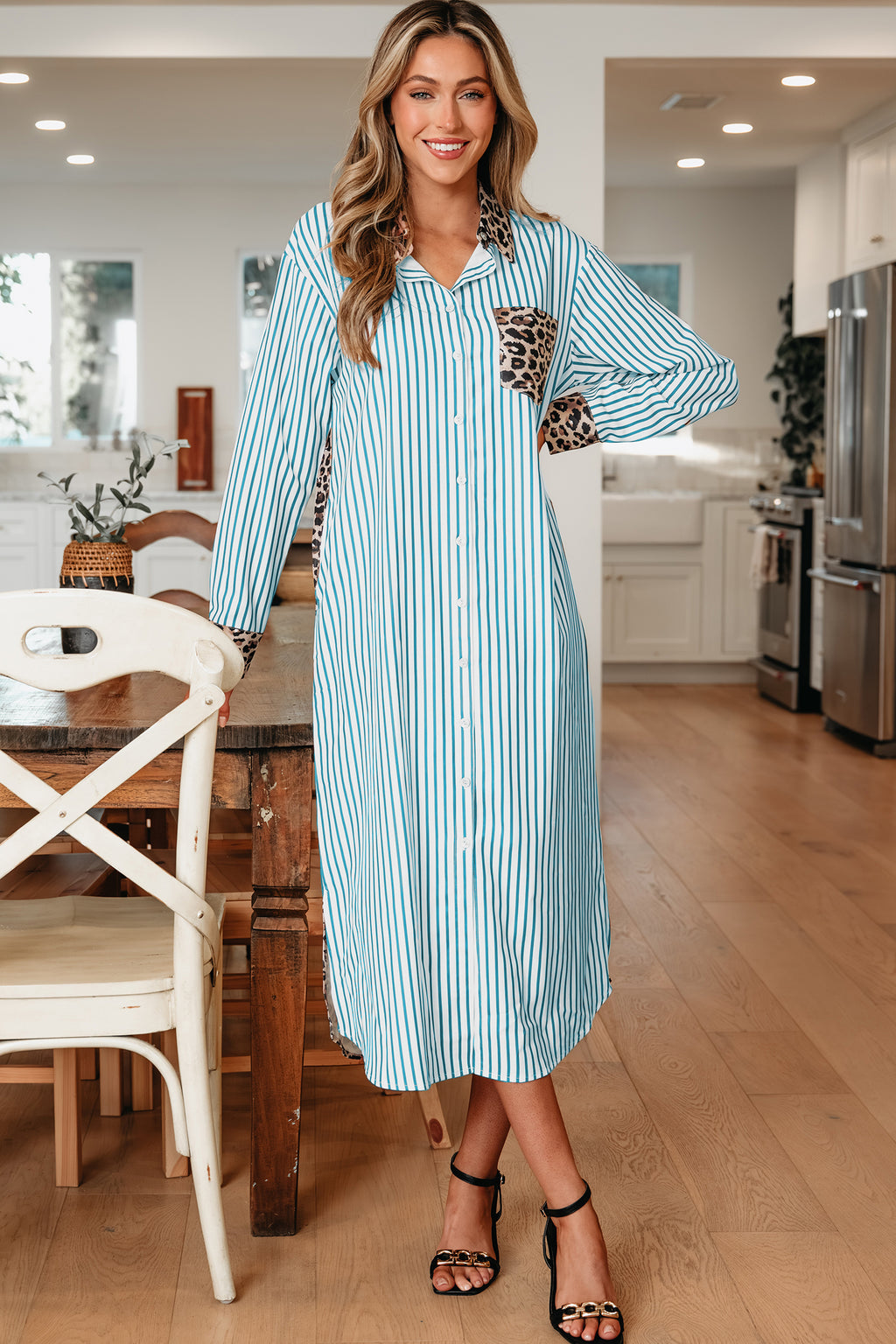 Brown Stripe Contrast Leopard Patchwork Shirt Dress