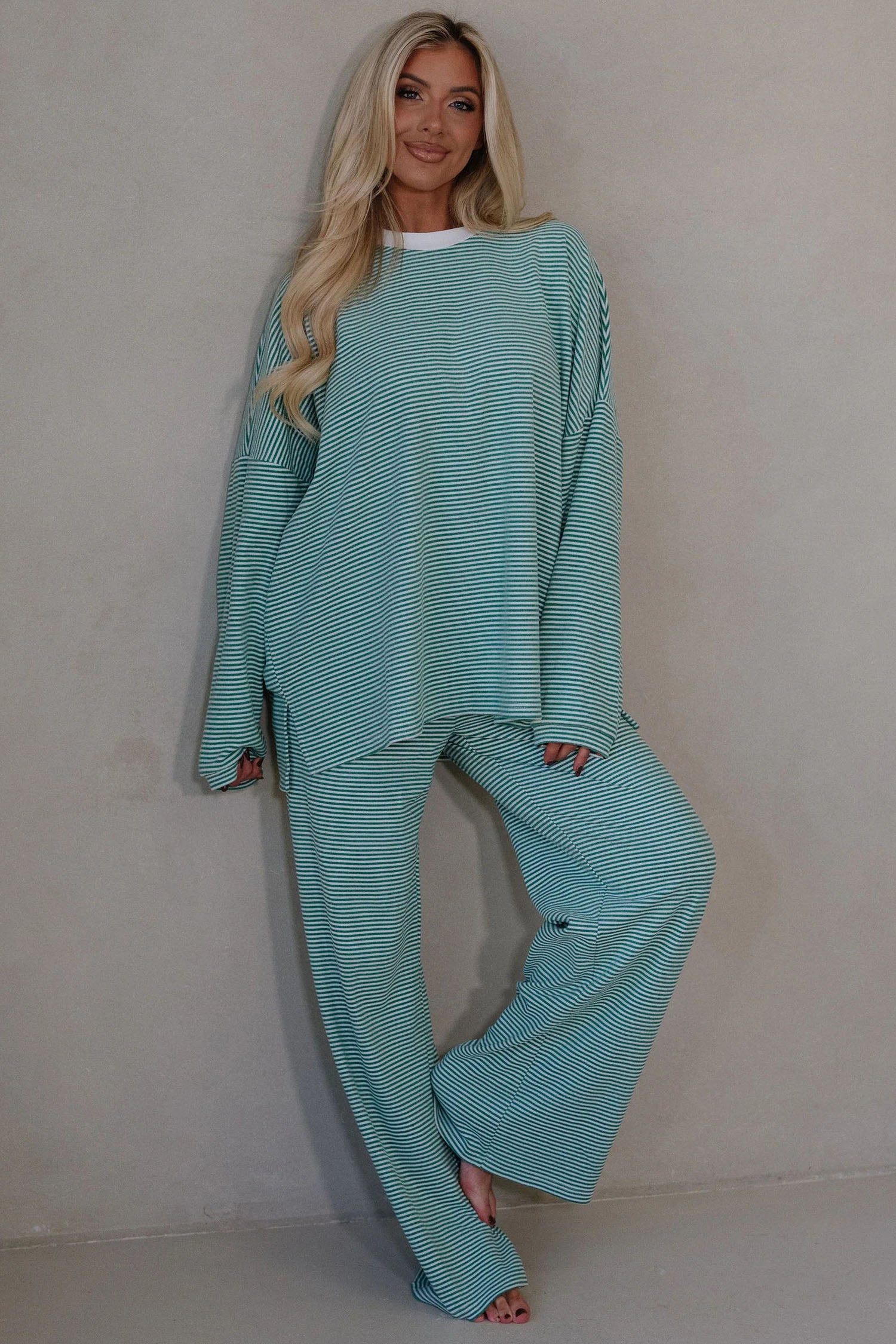 Pink Striped Drop Shoulder Long Sleeve Pant Set
