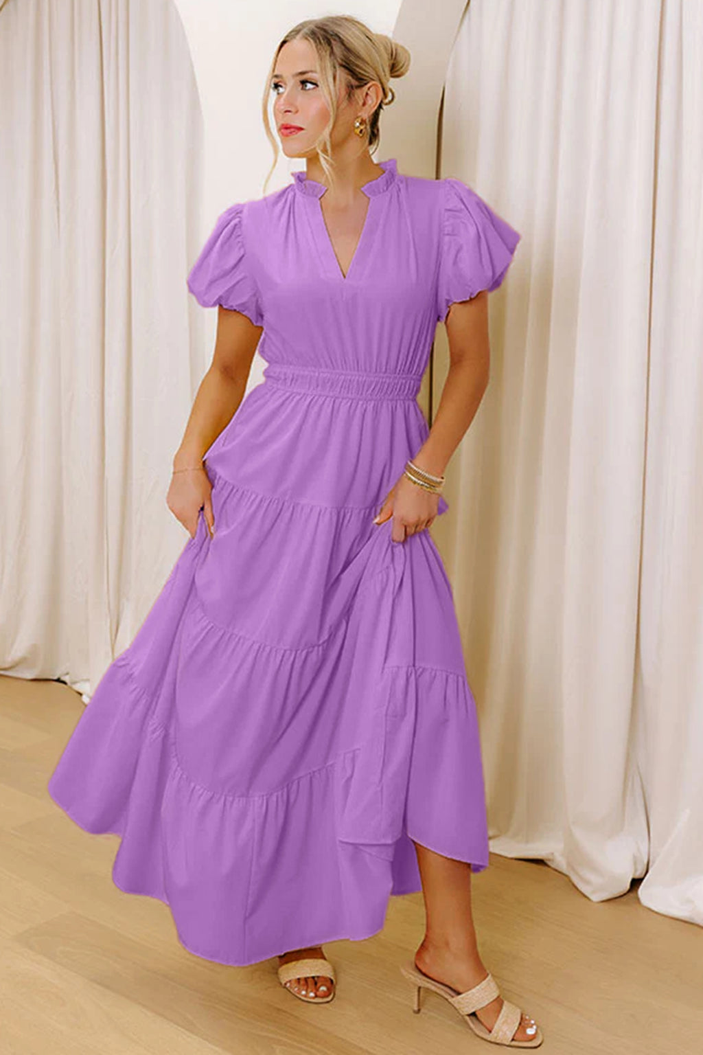 Bright Green Solid Color V Neck Short Puff Sleeve High Waist Tiered Maxi Dress