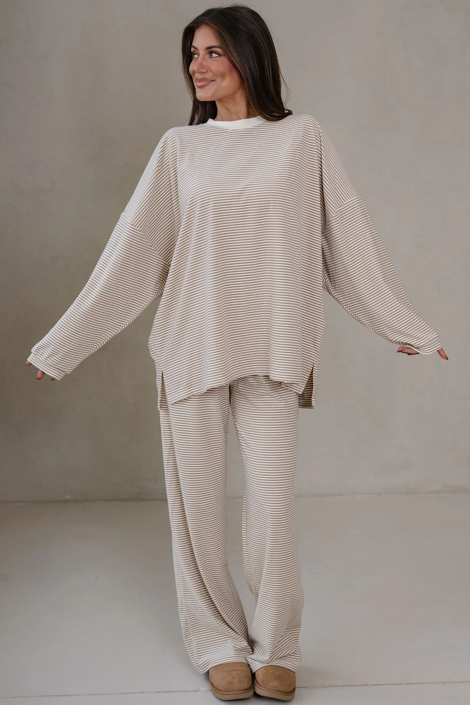 Pink Striped Drop Shoulder Long Sleeve Pant Set