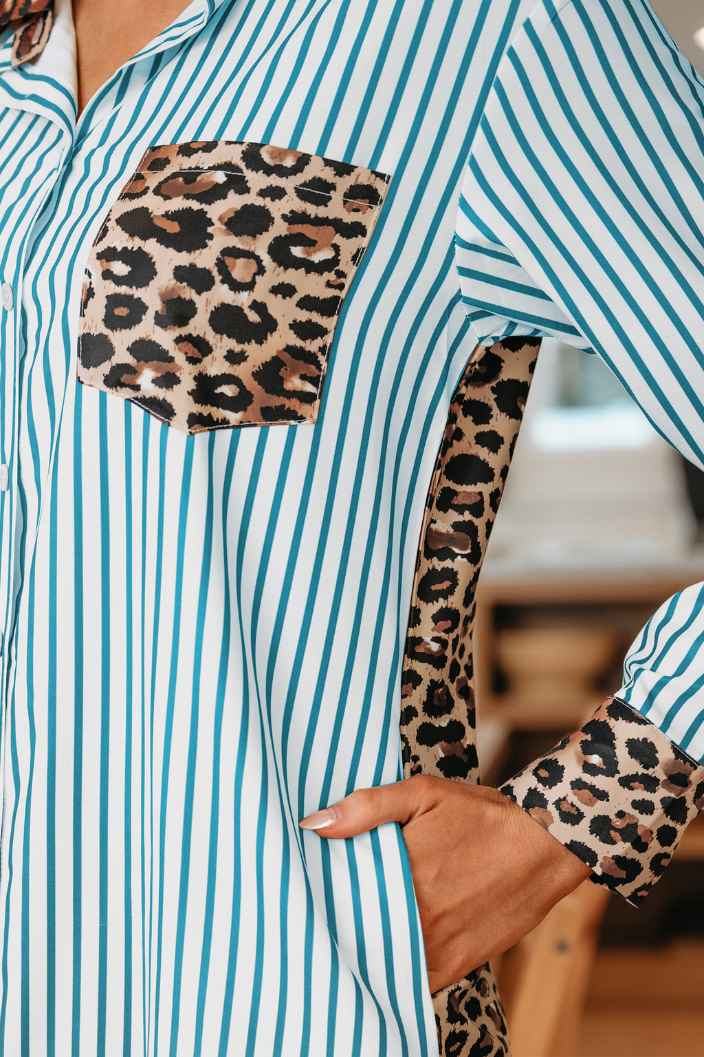 Brown Stripe Contrast Leopard Patchwork Shirt Dress