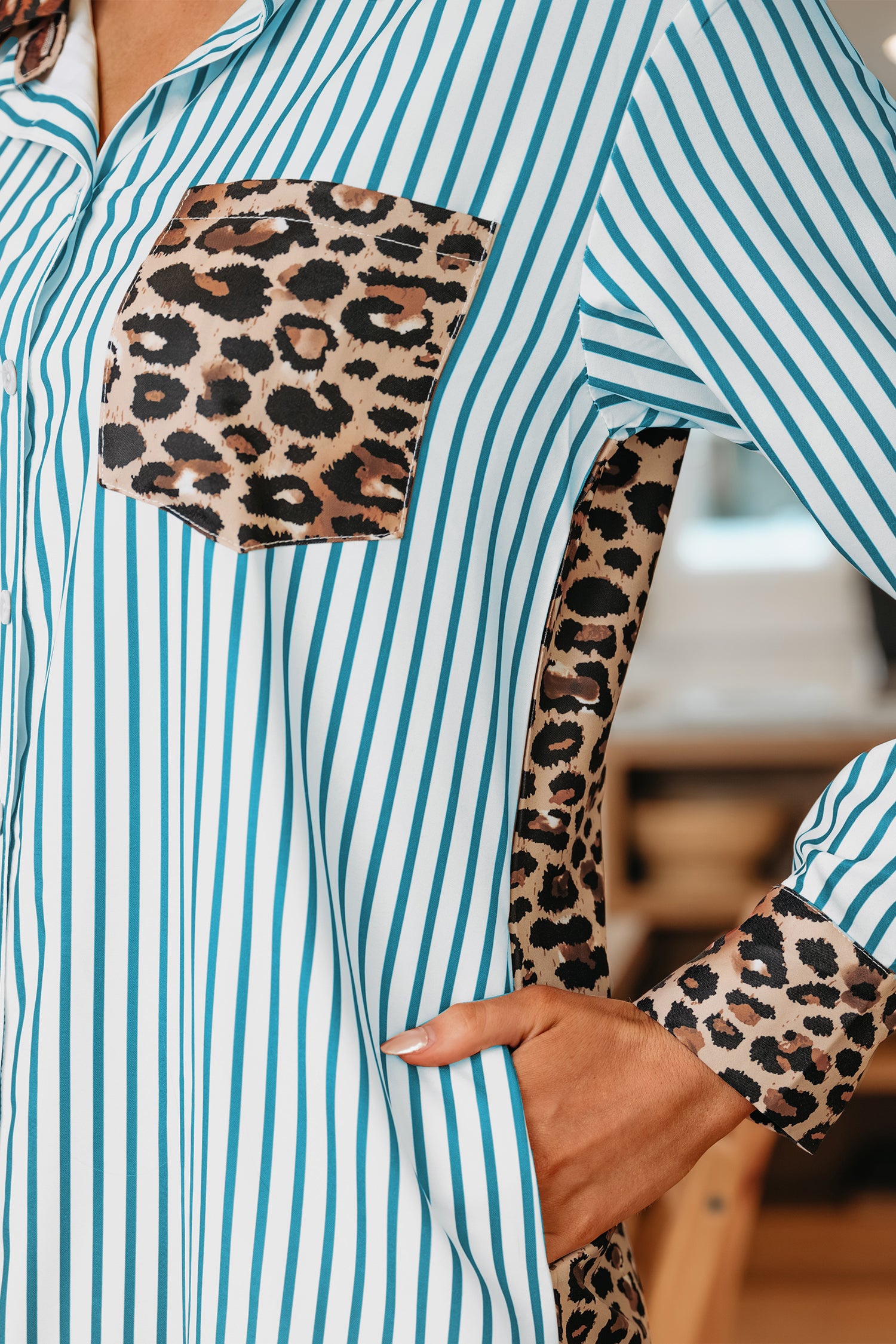 Brown Stripe Contrast Leopard Patchwork Shirt Dress