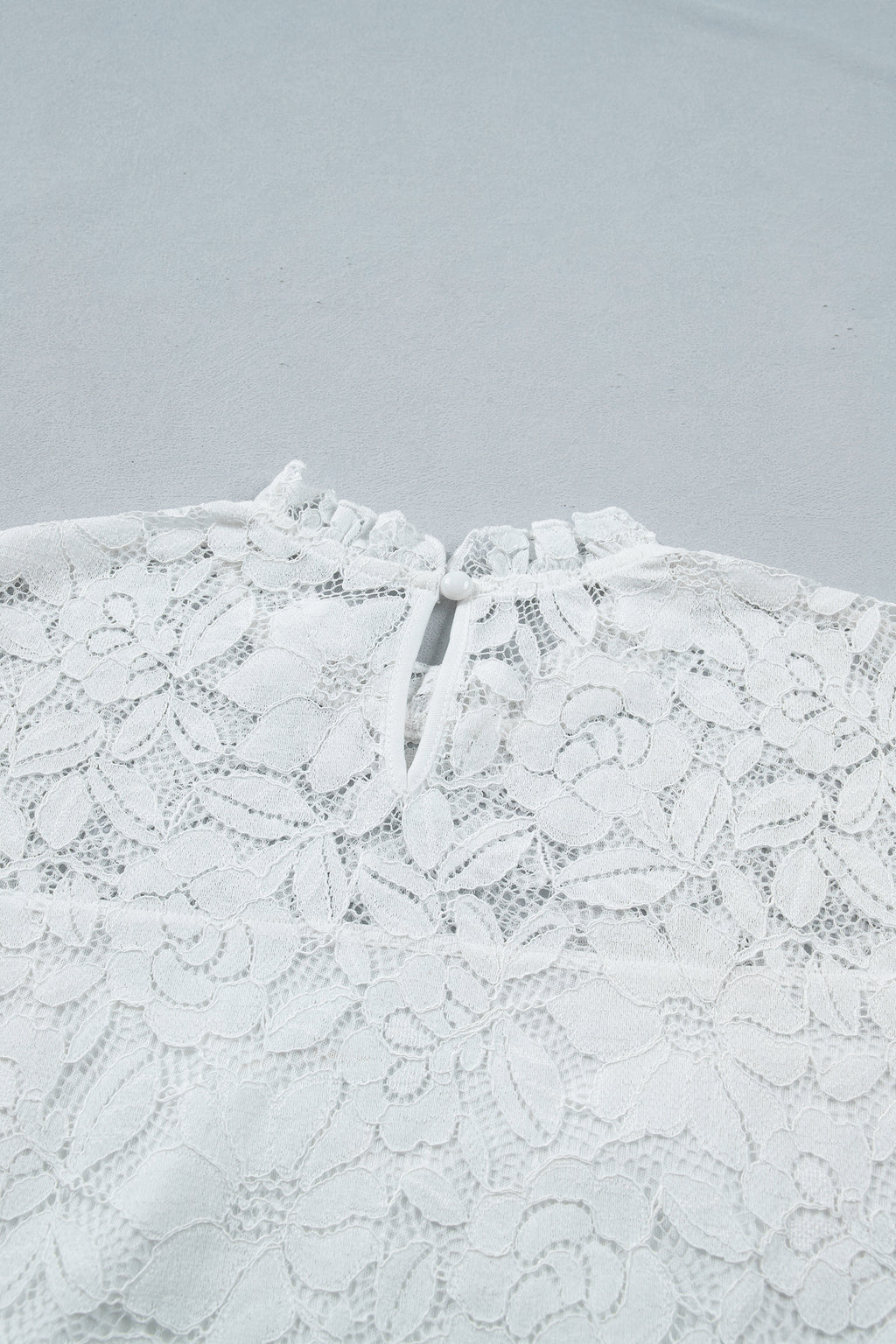 White Ruffled Round Neck Long Flounce Sleeve Sheer Lace Blouse