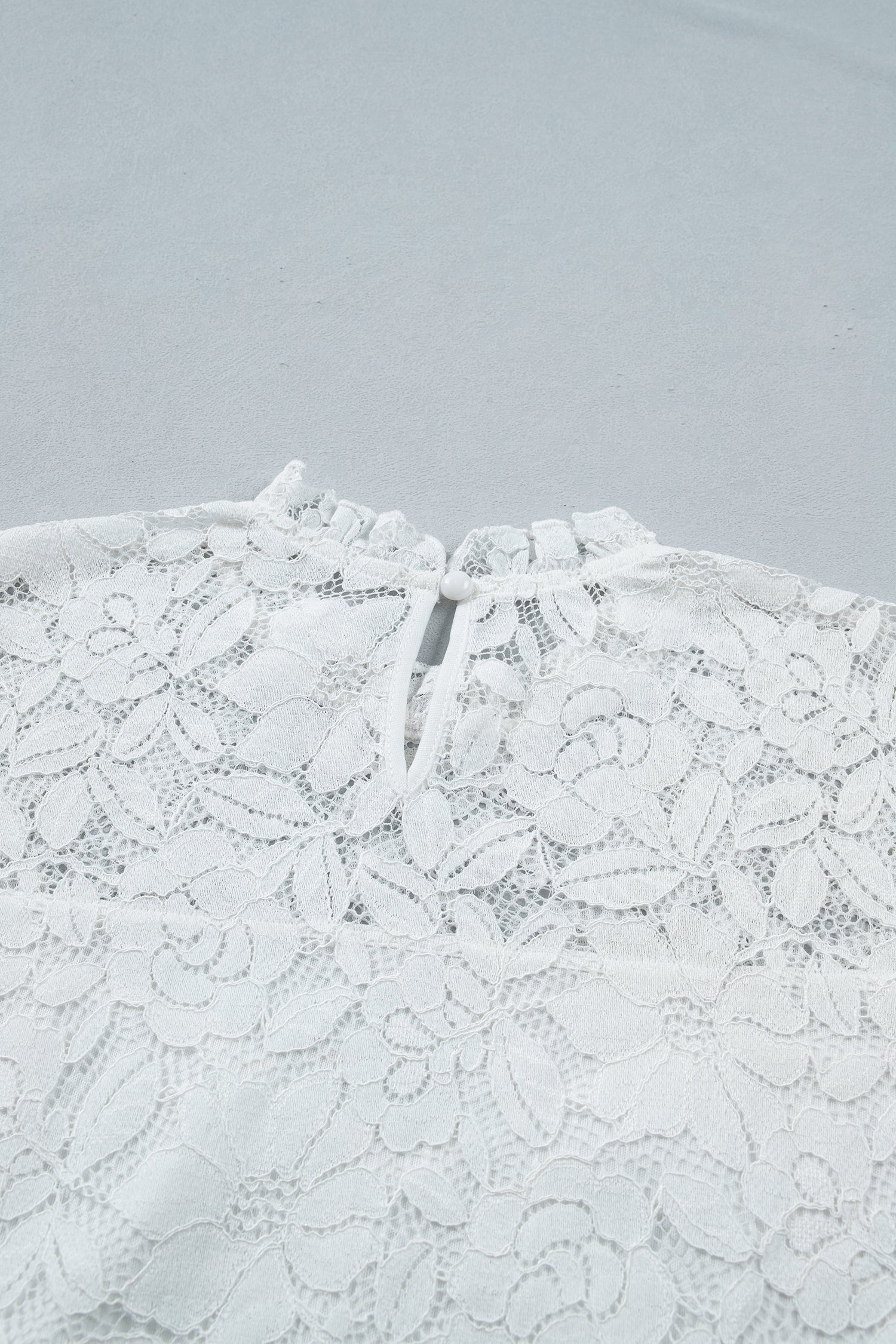 White Ruffled Round Neck Long Flounce Sleeve Sheer Lace Blouse