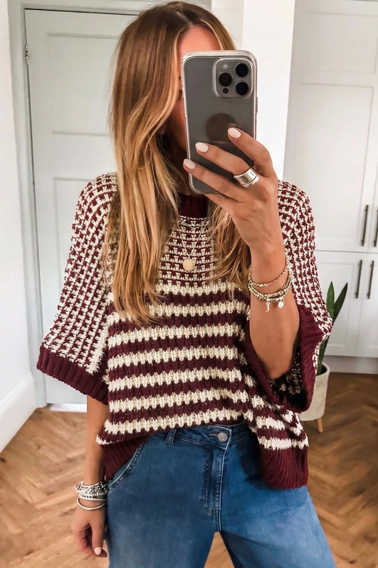 Red Stripe 3/4 Draped Sleeve Slouchy Sweater