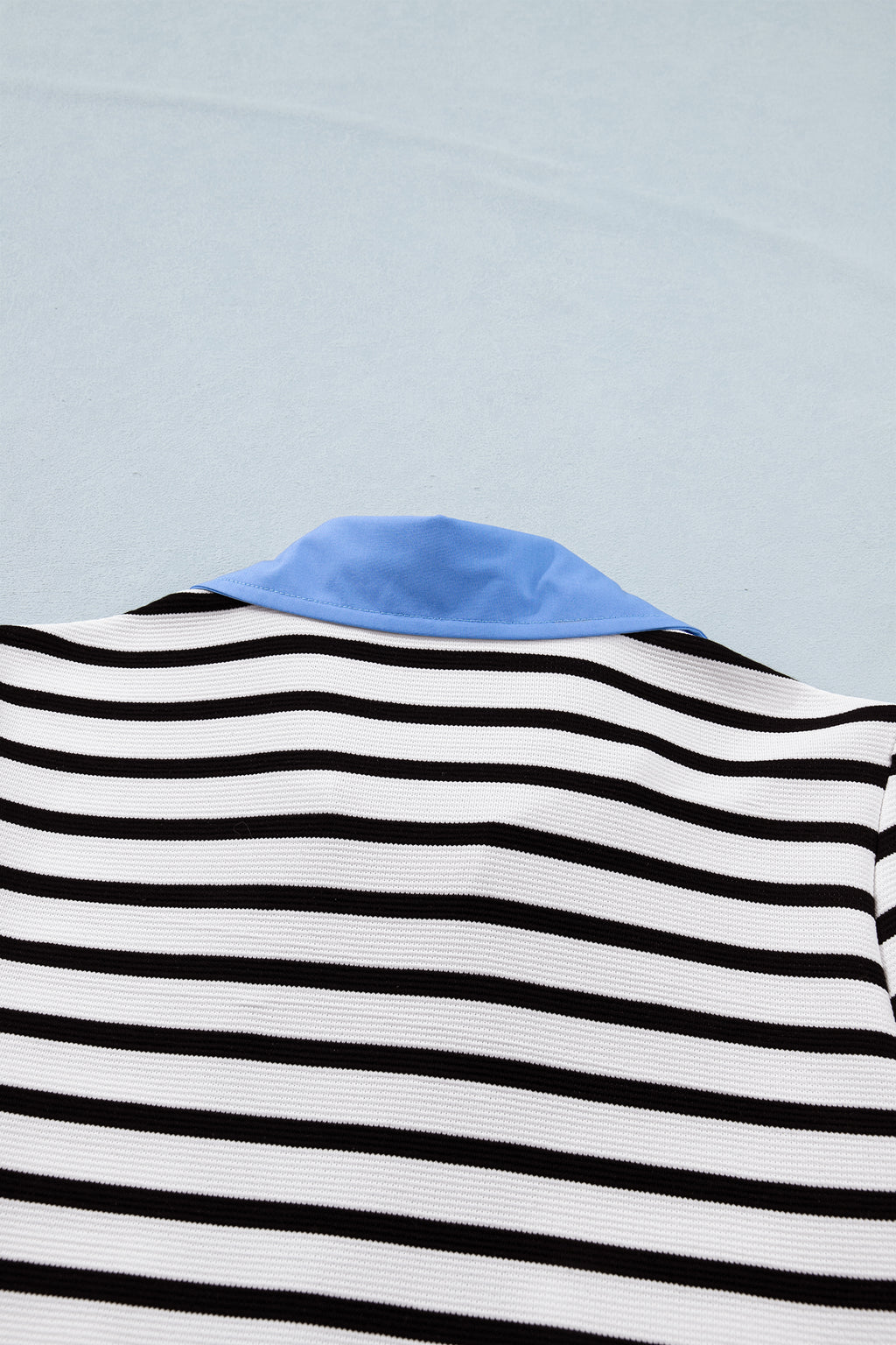 Blue Stripe Short Puff Sleeve Color Block Polo Collar Blouse
