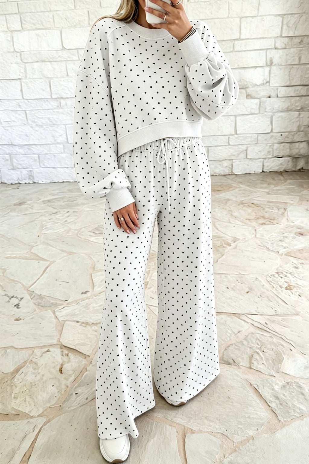 Brown Polka Dot Drawstring Wide Leg Long Sleeve Top Pant Set