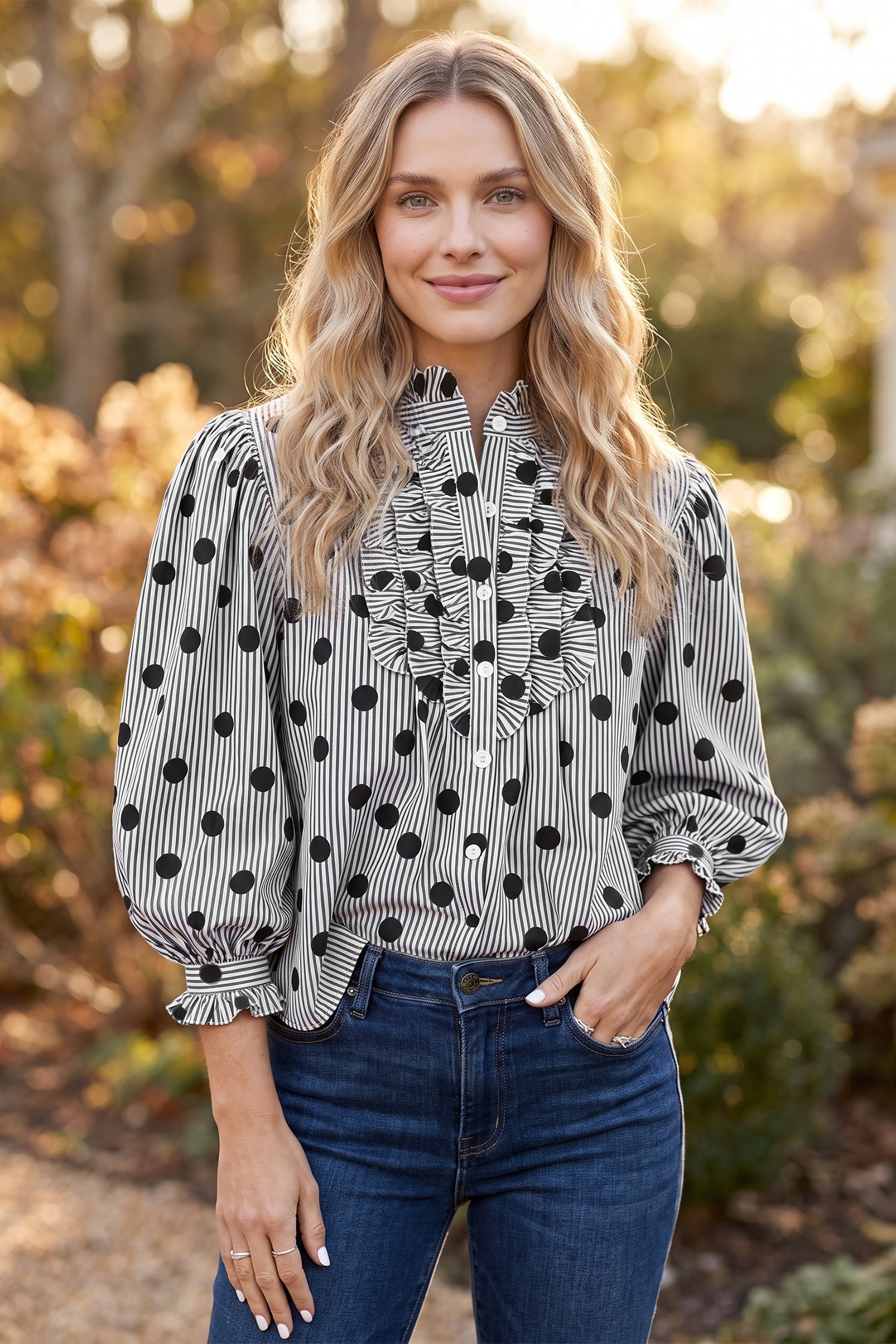 Black white Polka Dot Striped Print Ruffle Stand Neck 3/4 Sleeve Shift Shirt