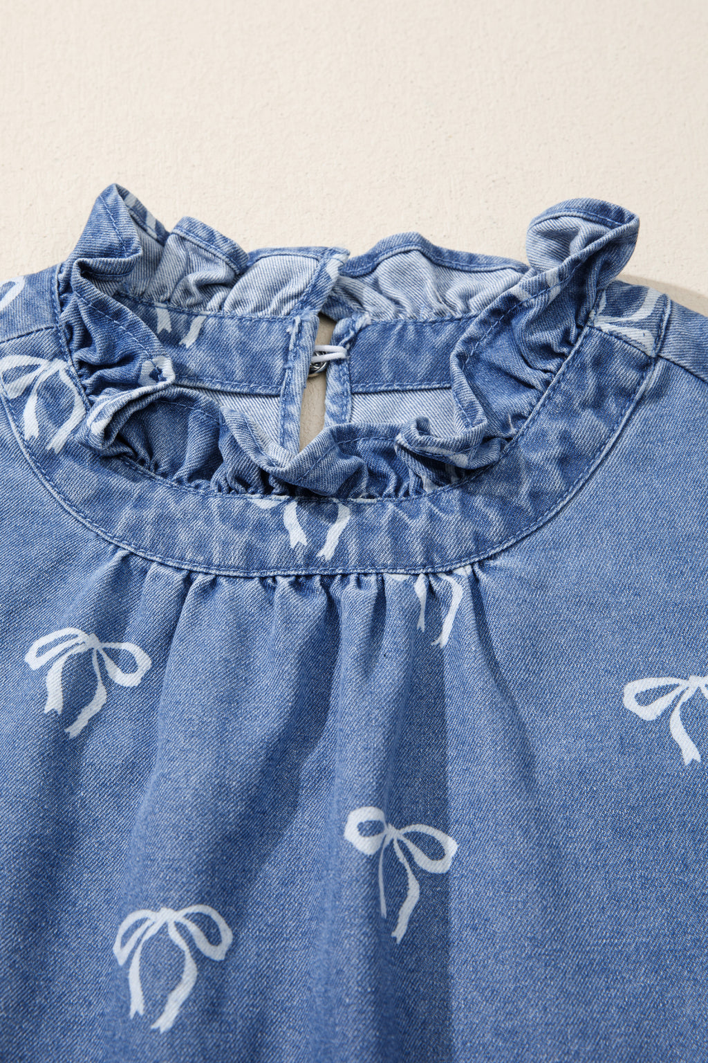 White Frilled Collar Flutter Sleeve Denim Top