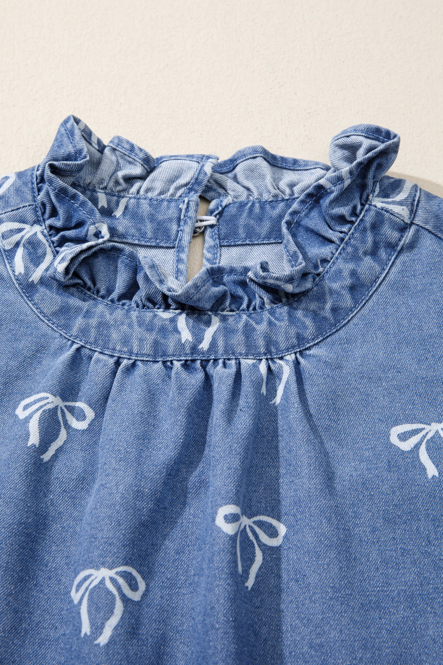 White Frilled Collar Flutter Sleeve Denim Top