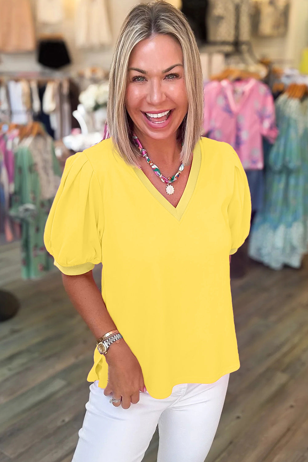Turquoise Solid Color V Neck Short Puff Sleeve Blouse
