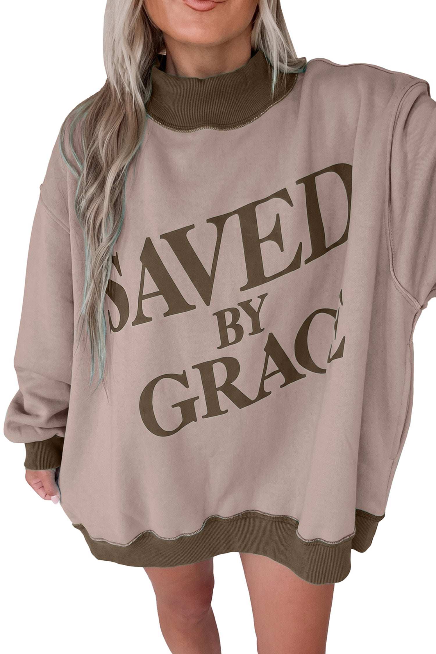 Beige Saved By Grace Print Color Block Mock Neck Oversized Sweatshirt