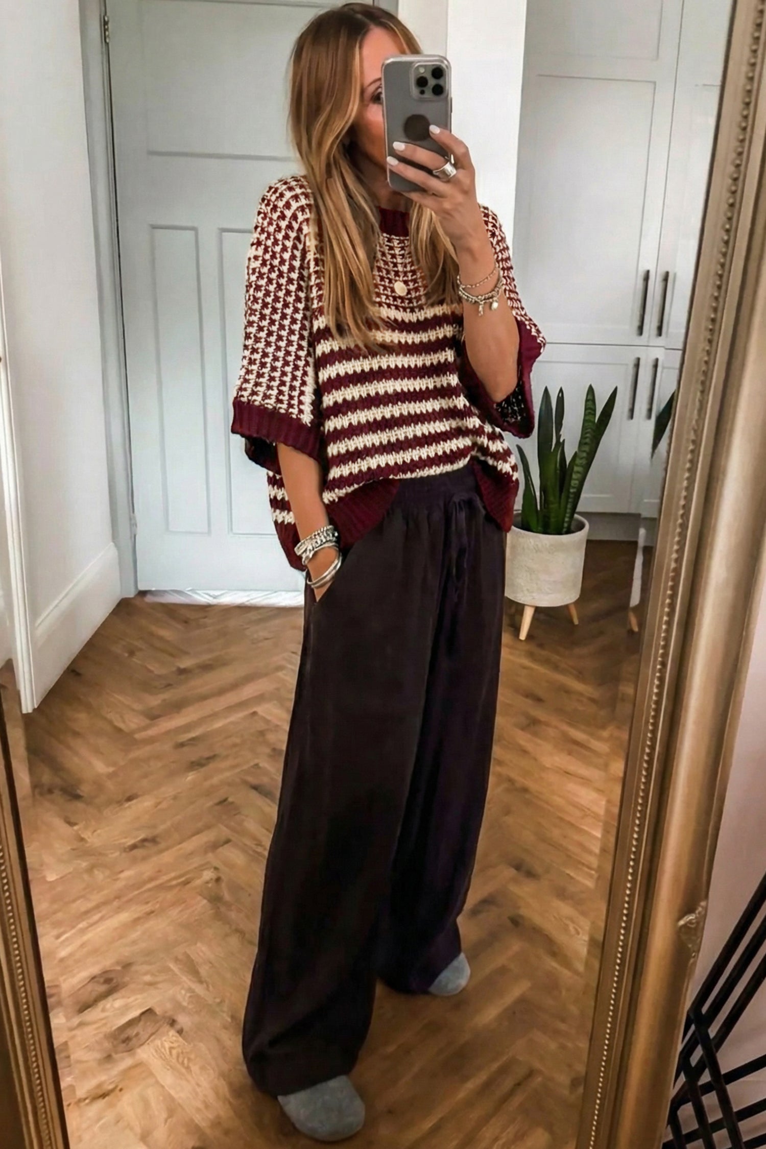 Red Stripe 3/4 Draped Sleeve Slouchy Sweater